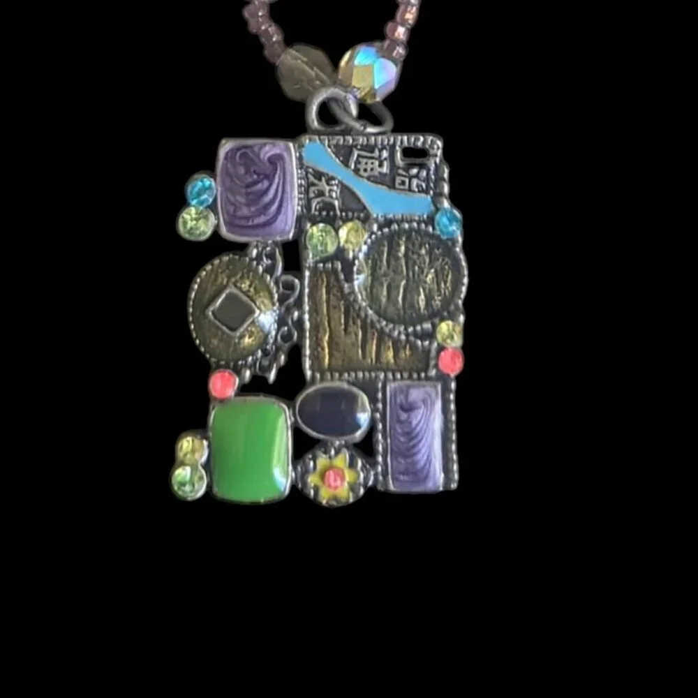 Micro Mosaic Y2K Enamel‎ Steampunk Glass Beaded Necklace Boho Wearable Art Metal